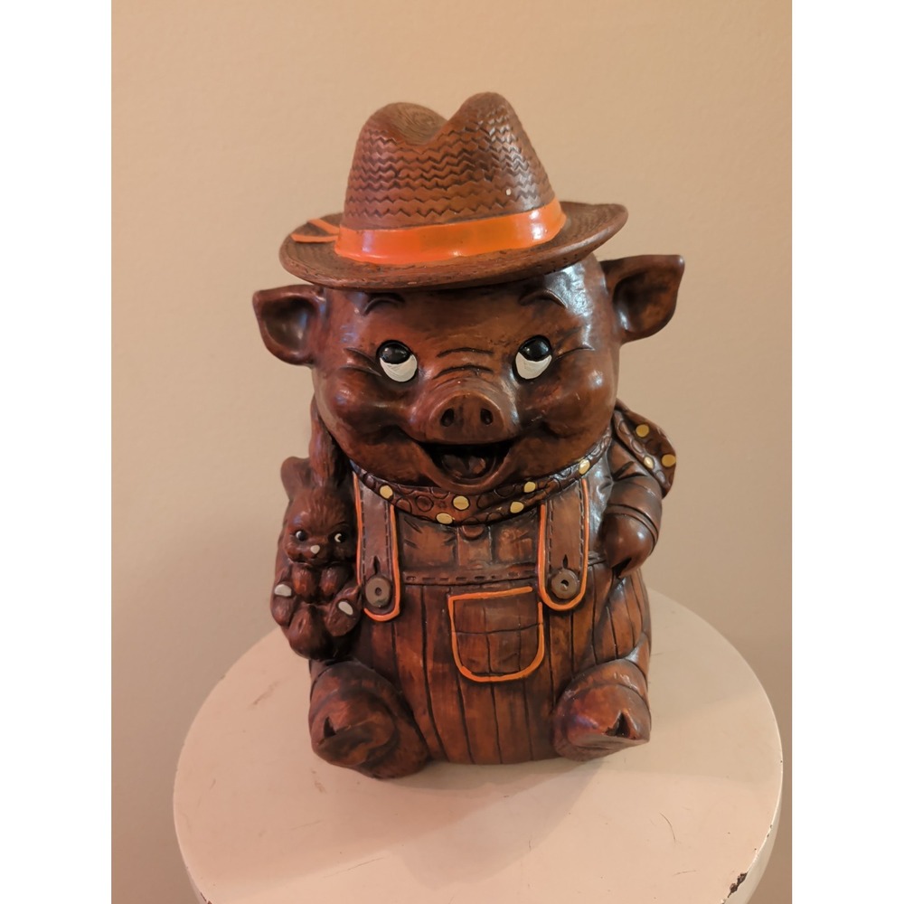Rare Vintage 1960 Treasure Craft Farmer Pig With Bunny Cookie Jar Brown